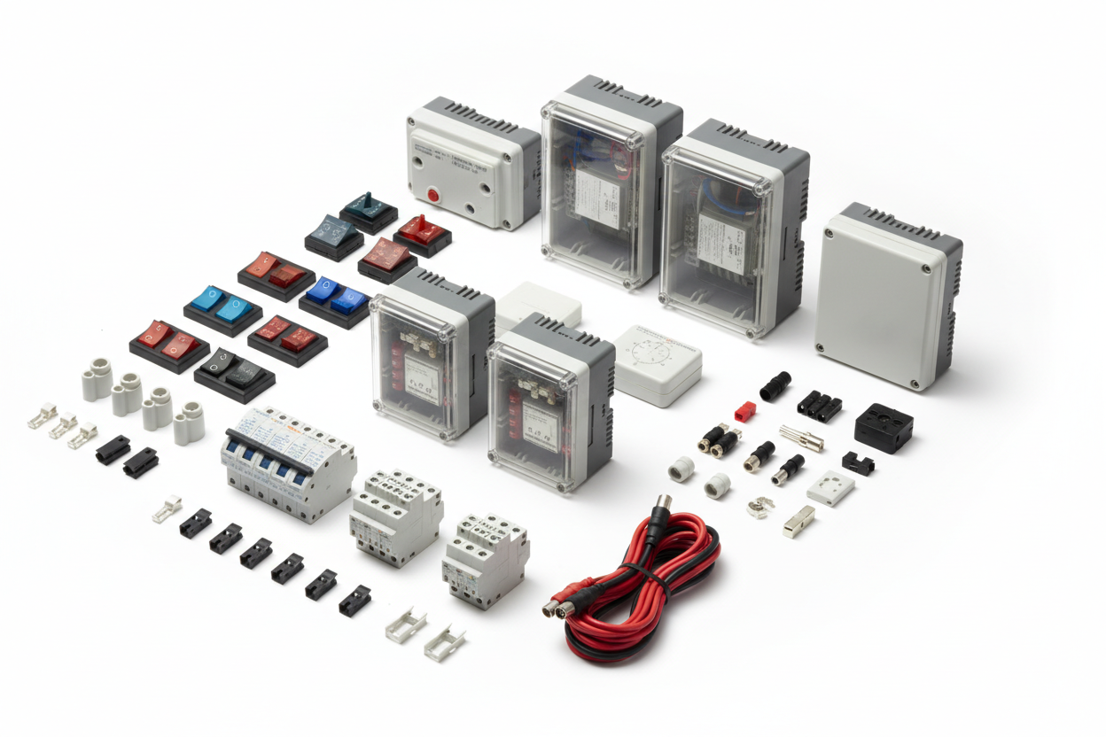 I want an image with photovoltaic system accessories, fuse boxes, switches...etc.