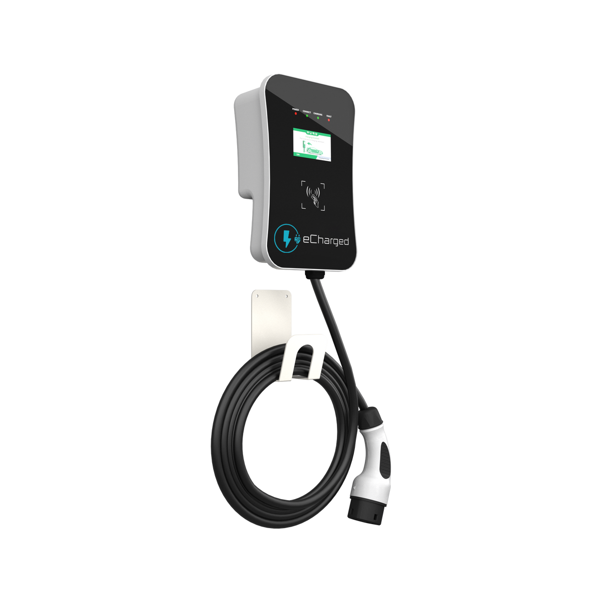 Wall-mounted 3.5kW electric vehicle charging station with Type 2 plug and digital display by eCharged